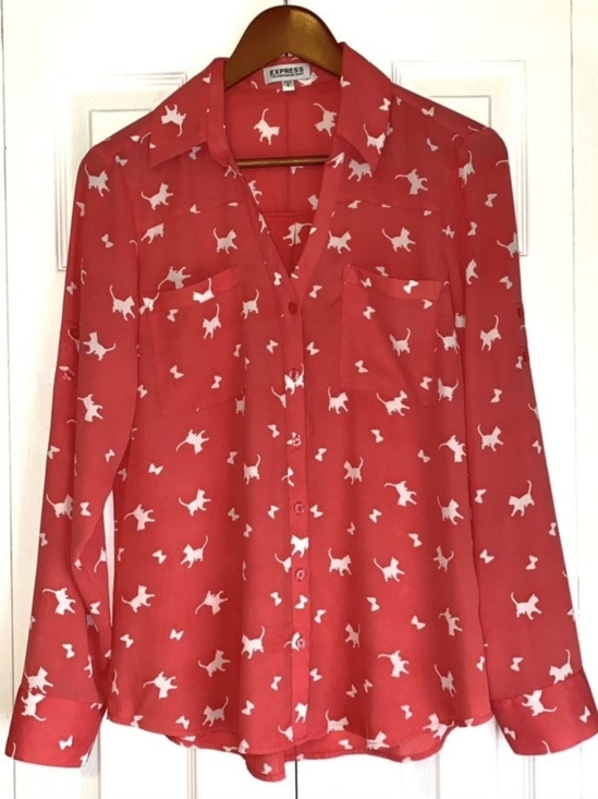 Express Tops - Express Red Button-Down Shirt with White Cat Print